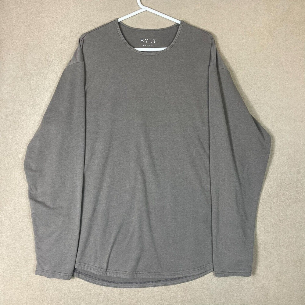 BYLT Shirt Men XXL Gray Tee Round Neck Drop Cut Preppy Premium Long Sleeve Adult